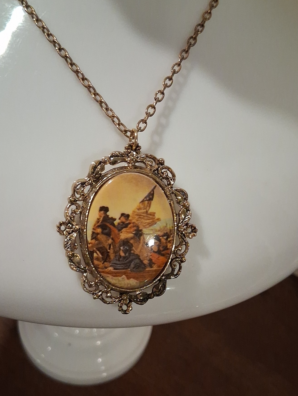 Gold-Tone Oval Historical Print Pendant Necklace / Brooch Cameo